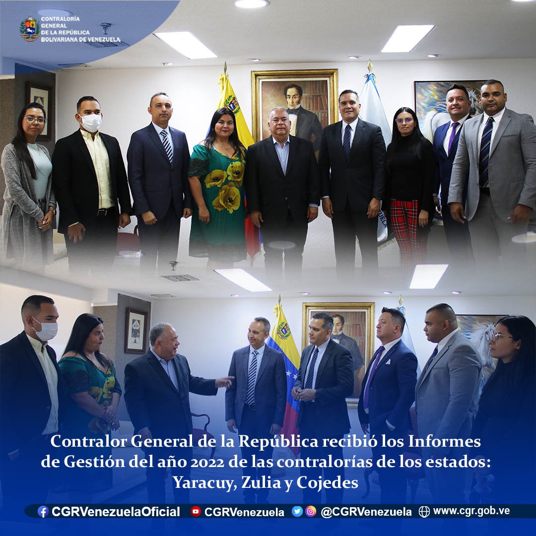 El Presidente del Poder Moral y Contralor General, Elvis Amoroso, recibió a los contralores del <a href="/CEZulia01/">CEZulia</a>; Jeffry Leal; la contralora del @CECojedes, Yulice Roldán;  y la <a href="/CEYaracuy/">CEYaracuy</a>, Juan Vicente Gómez, quienes entregaron el informe de Gestión correspondientes al año 2022.