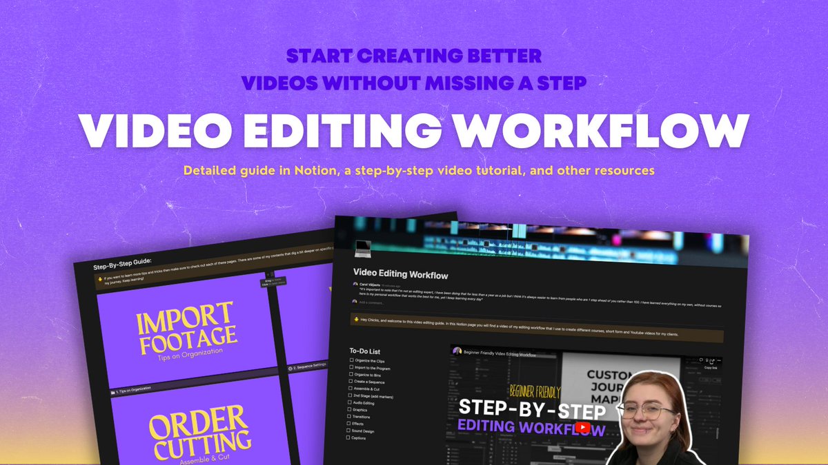 carolvaljaots's tweet image. Video editing seems like an endless task

But it doesn&apos;t need to be like this...

I made a step-by-step video AND notion guide so you never miss a step again.

To celebrate (almost) 3K creators here I will give it away for 100% FREE

🔸RT
🔸Comment &quot;🐥&quot;

(Hit follow so I can DM)