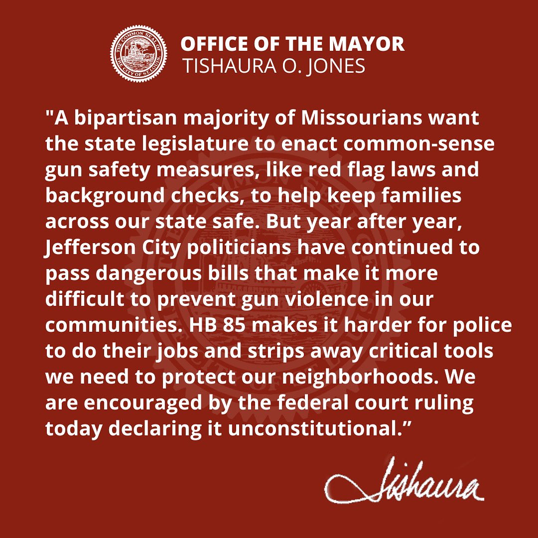 St. Louis City, St. Louis County, and Jackson County are working together to protect communities from gun violence. Check out our joint statement with @DrSamPage and @JCEFrankWhite regarding today’s federal court ruling on HB 85. 👇🏾 #EndGunViolence