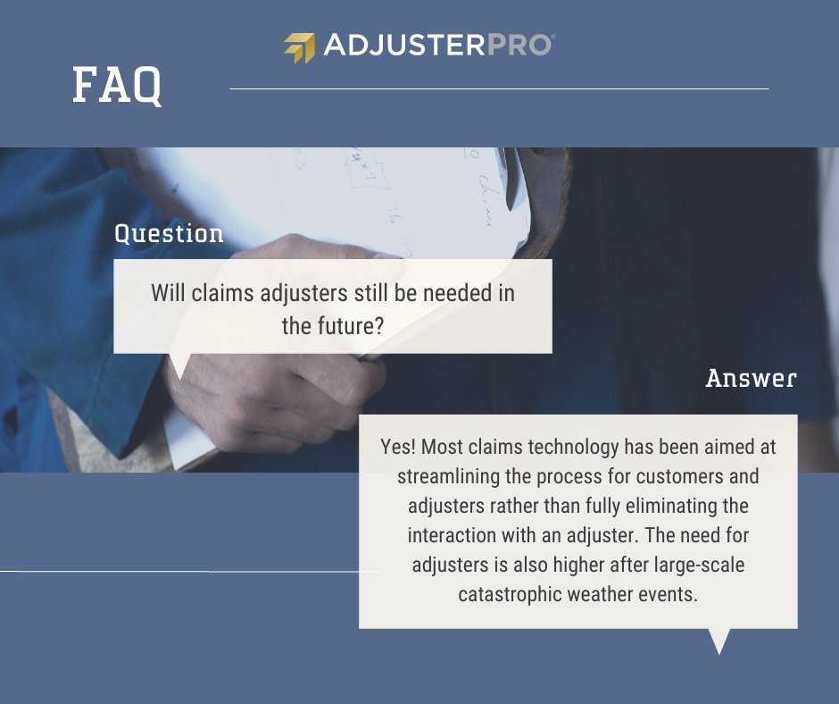 AdjusterPros's tweet photo. If you're concerned that claims adjusting won't be needed in the future, don't worry! Claims adjusters will always be needed to add that human touch to the claims process, especially after major storms.

Click here to see more FAQ's: https://t.co/xkNy9GtCCC https://t.co/etDT2FjFPp