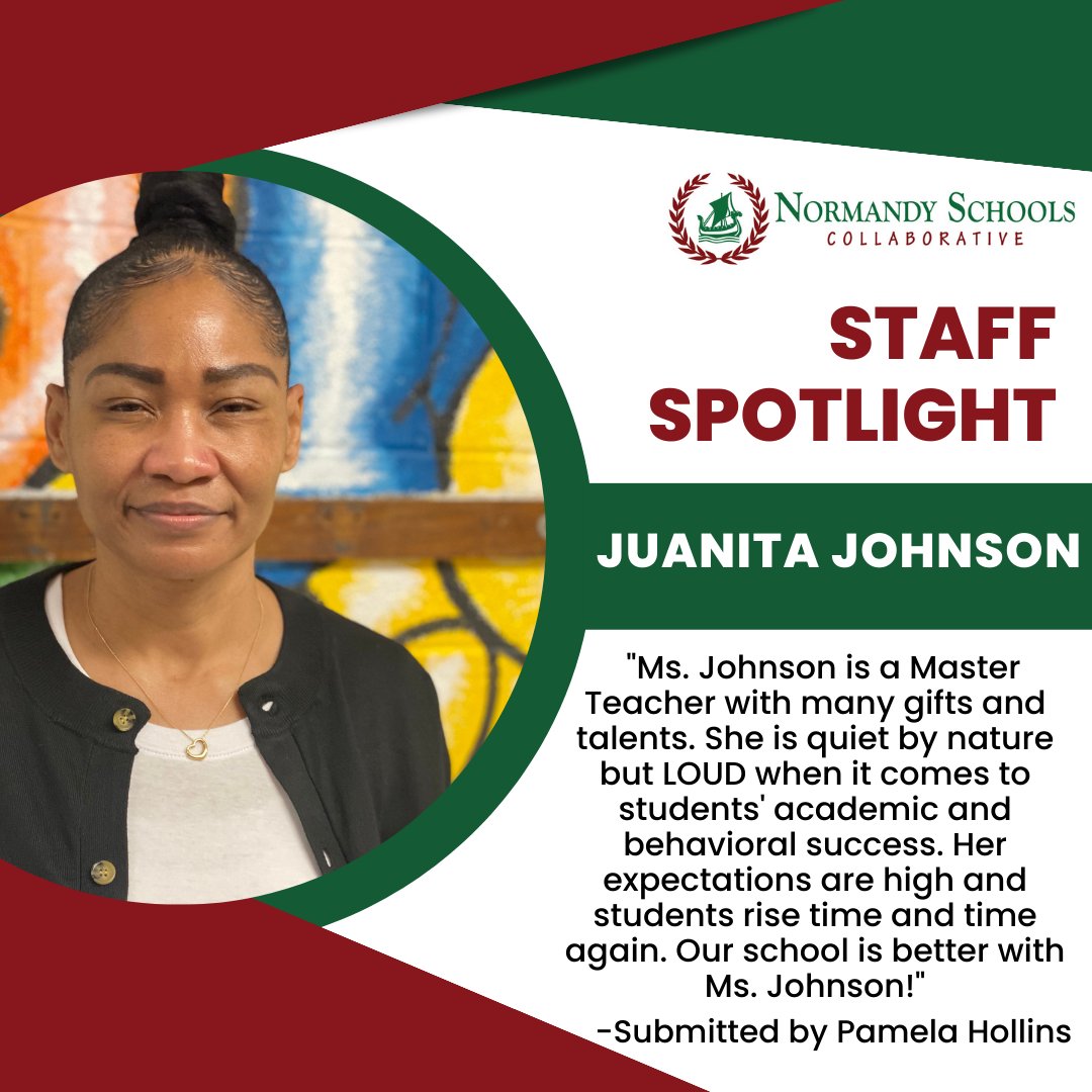 NormandySC1's tweet photo. It’s #TeacherProudTuesday, and we’re celebrating Ms. Juanita Johnson, Washington School teacher and Staff Spotlight recipient! Congratulations, Ms. Johnson!
#teacherproud #NormandyStrong https://t.co/wqGL4E6NKu