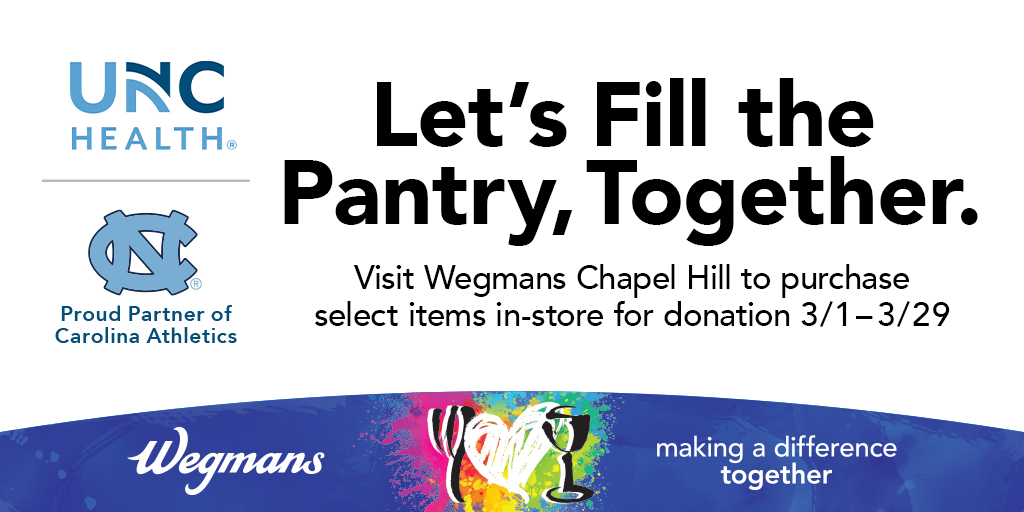 Tar Heel fans and area residents, help us and <a href="/Wegmans/">Wegmans Food Markets</a> "Fill the Pantry" this month!

Visit Wegmans in Chapel Hill and donate non-perishable food items to benefit the FoodWell food pantry at <a href="/UNC_Health_Care/">UNC Health</a>.

🍽️ » bit.ly/WegmansFillThe…