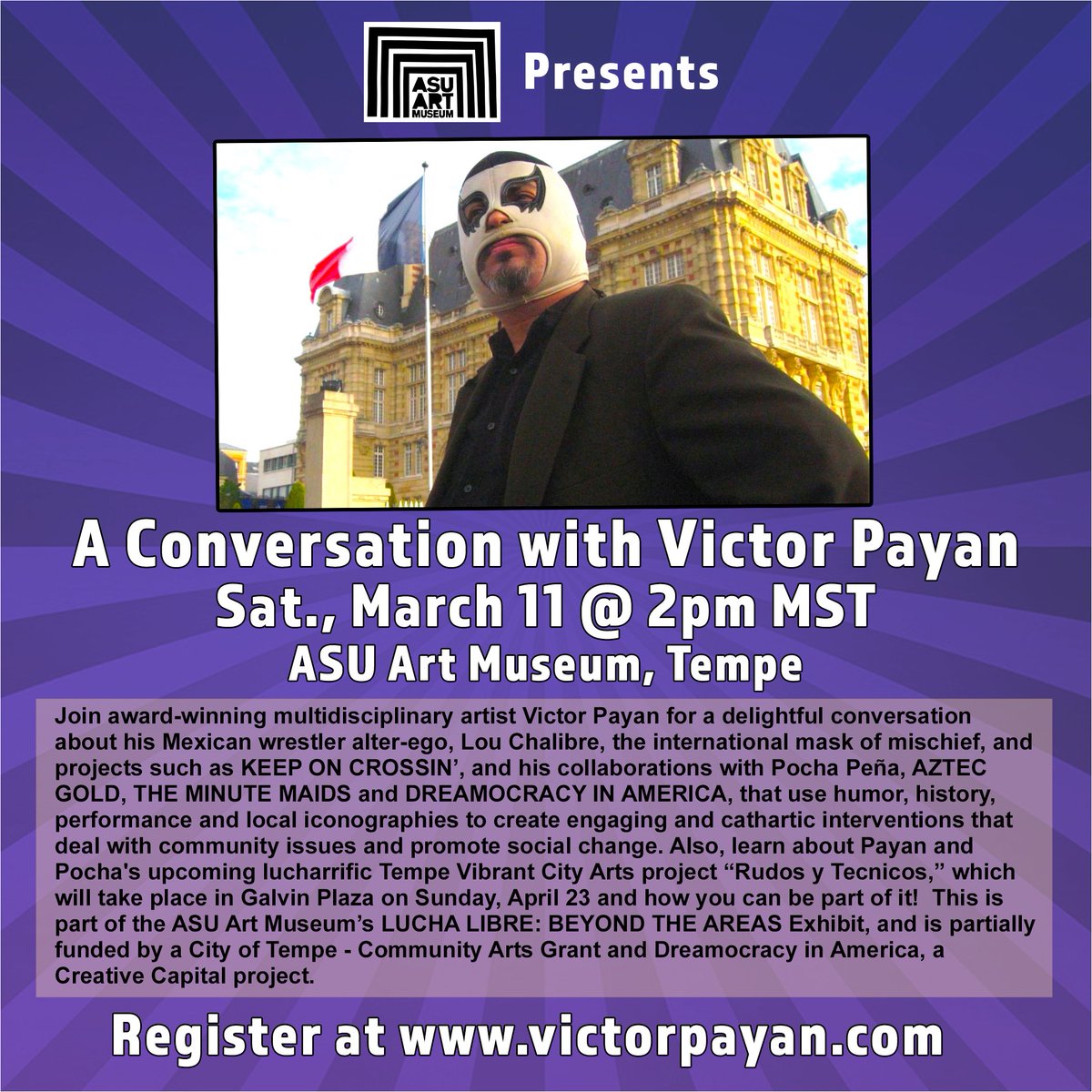 dreamocracy4all's tweet photo. @La_Pocha and I will be in Tempe, AZ on Saturday for a 2pm presentation at the ASU Art Museum as part of their LUCHA LIBRE: BEYOND THE ARENAS exhibit. Admission is FREE, so you can see my talk and the exhibit for FREE! See you in Tempe! Register at https://t.co/xWy05vIBAT. https://t.co/wlnXRZR4SZ
