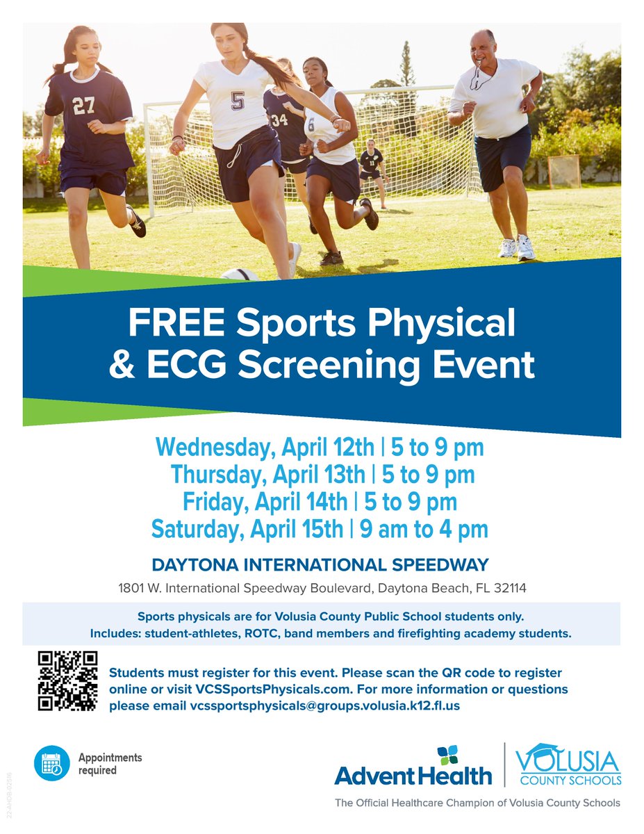 Student-athletes, dancers, ROTC, band members and firefighting academy students, don't miss out on your opportunity for this year’s FREE sports physical event by <a href="/AdventHealth/">AdventHealth</a> April 12-15 at Daytona International Speedway. Slots are now available. vcssportsphysicals.com