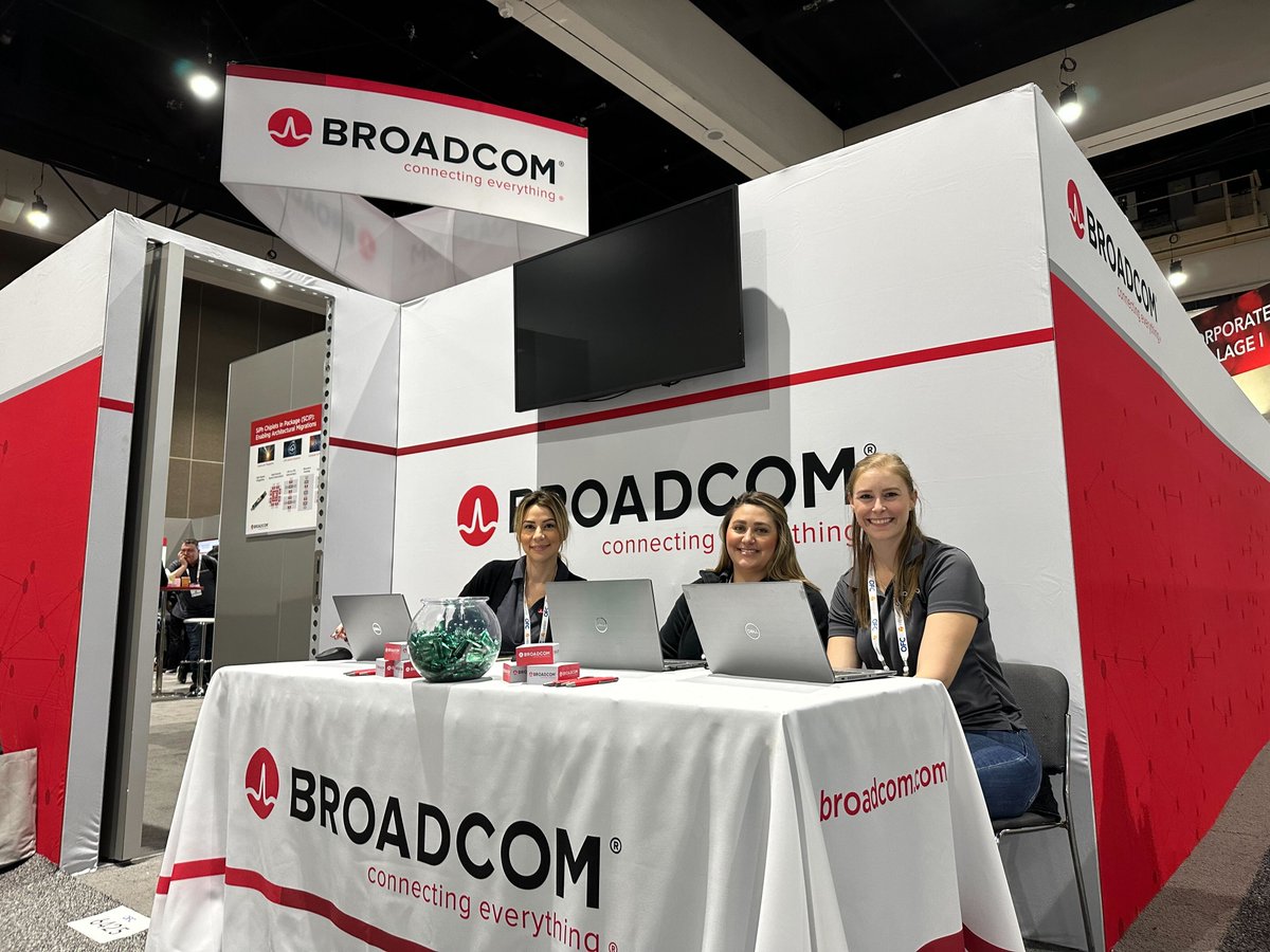 Broadcom's tweet photo. Our team is excited to kickoff #OFC23. Stop by Broadcom's booth (#6245) to talk with our product experts and see demos of our 51.2Tbps Silicon Photonics Bailly CPO switch and 5nm 100G/lane optical DSP PHY products. https://t.co/QNF2ZYUsHZ