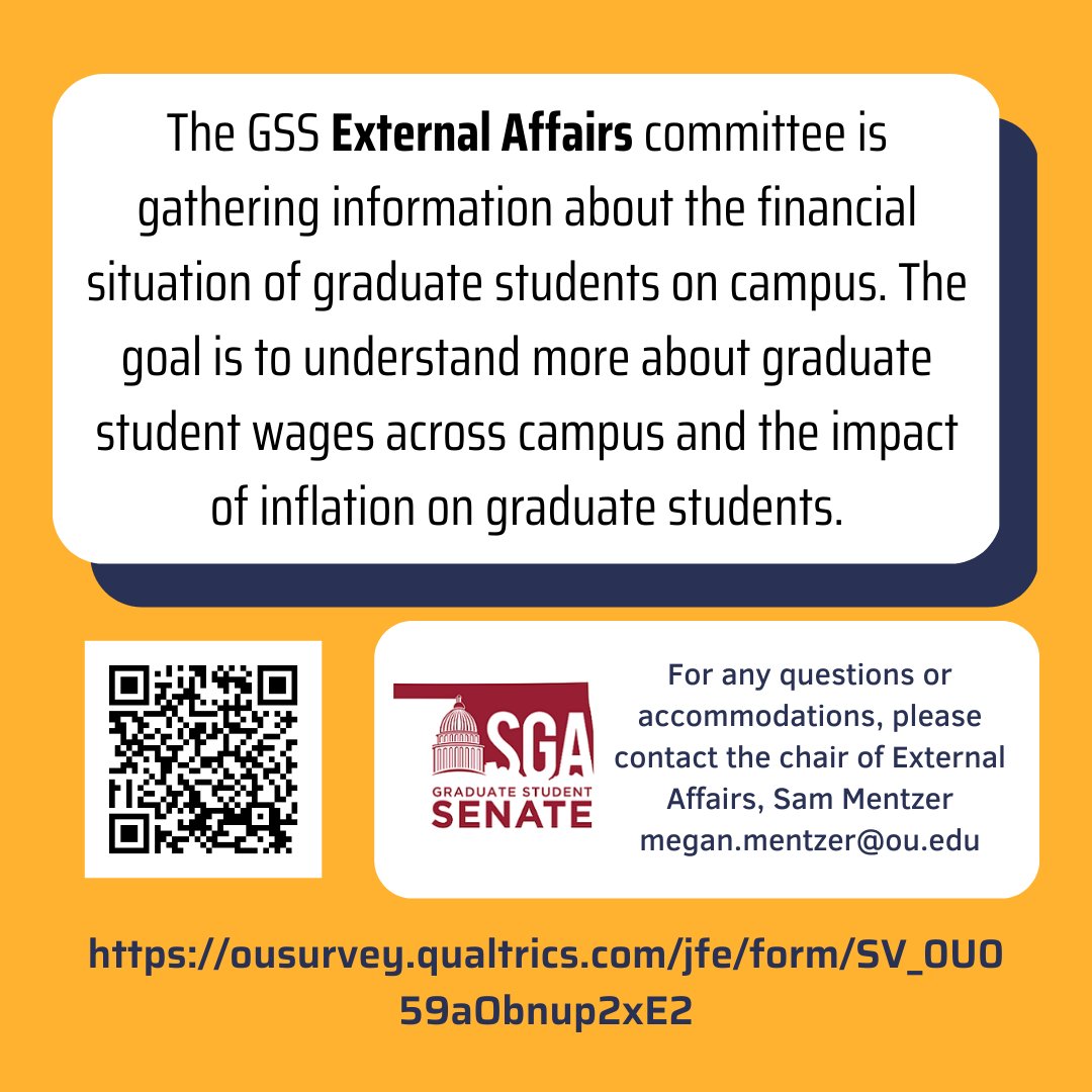 OU_GradSenate's tweet image. The Graduate Student Senate currently has TWO surveys open to help us continue to be a strong voice for every graduate student on campus. You can find more information in our posts below.

We look forward to your input!  @ou_gradcollege @OUGradCollege @UofOklahoma