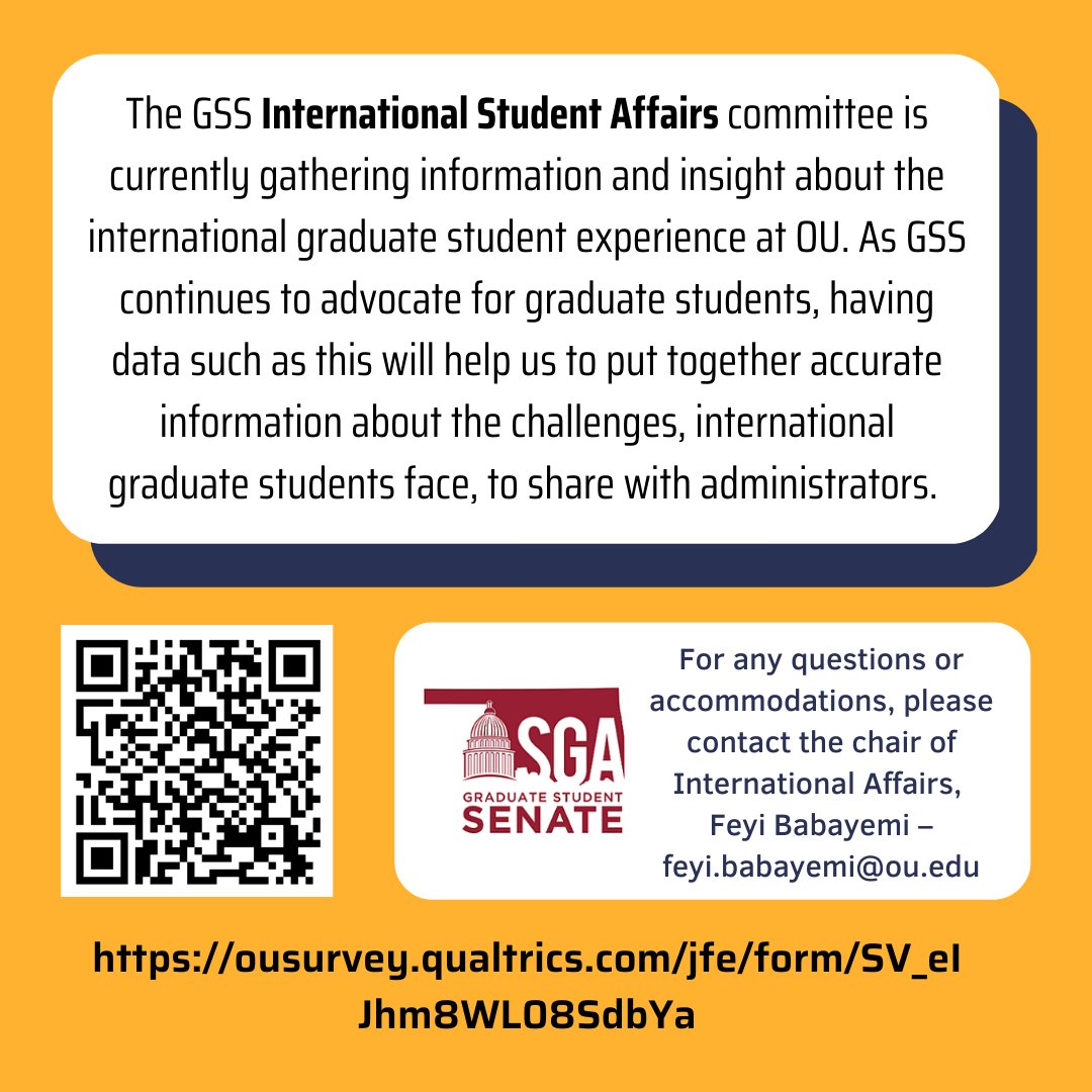 OU_GradSenate's tweet image. The Graduate Student Senate currently has TWO surveys open to help us continue to be a strong voice for every graduate student on campus. You can find more information in our posts below.

We look forward to your input!  @ou_gradcollege @OUGradCollege @UofOklahoma