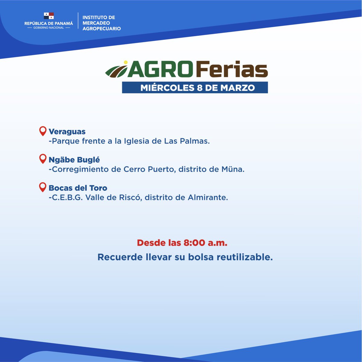IMA_Pma's tweet photo. Agroferias del @ima_pma 🗓 para el miércoles 8 de marzo:

📍Panamá
-Chimán.

📍Colón
-Portobelo.

📍Panamá Oeste
-Capira.

📍Coclé
-Natá.

📍Los Santos
-Ruteo en Pocrí.

📍Veraguas
-Las Palmas.

📍Ngäbe Buglé
-Müna.

📍Bocas del Toro
-Almirante. https://t.co/SpE2UPoO2Q