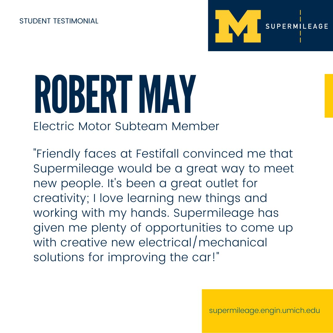 Today we highlight Robert May, another member of the Electric Motor subteam who just recently graduated! We hope that these student testimonials encourage you to donate towards our cause to change the world with fuel efficient vehicles this coming  #givingblueday on March 15!