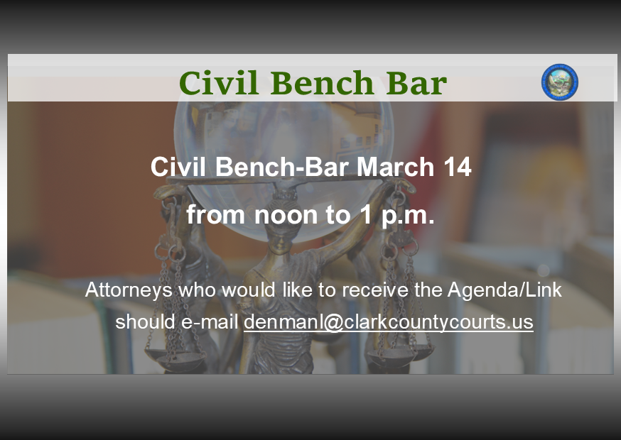 Nv8thC's tweet photo. Attorneys, Don't miss the 3/14 noon Civil Bench-Bar to get the latest information coming out of District Court to tighten up your practice #ClarkCountycivilbanchbar #benchbar #lasvegaslaw #legaleducationlasvegas #lasvegaslawyers https://t.co/rQsRzwqYFJ