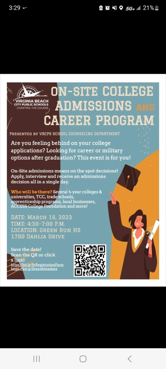 VBSchools is hosting the 2023 On-Site Admissions &amp; Career Program on Thursday, March 16!

College representatives will be available for same-day admissions &amp; information. 

Military &amp; apprenticeship representatives will be also be in attendance. 

Register today!!!
