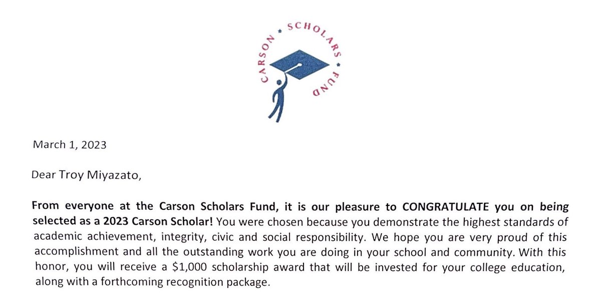 Extremely honored to be selected as a 2023 Carson Scholar! Special thank you to @carsonscholars and @CAMSLBUSD educators for believing in me! @jbaker000 @LongbeachUSD @HSOLBUSD @TorranceCA @theaward @HOBYLosAngeles @socALZ @alzassociation @CedarsSinai @BankofAmerica #LongBeach