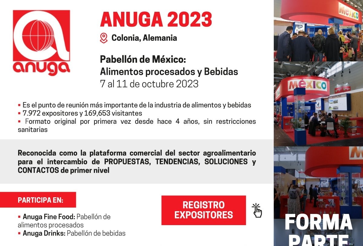 AlexaOficial18's tweet photo. 📌PARTICIPA‼ en la feria líder mundial de alimentos y bebidas, ANUGA 2023 en alguna las siguientes categorías: 

✅ Pabellón de alimentos procesados 
✅ Pabellón de bebidas

📅 7 al 11 de octubre 2023 
📍 Colonia, Alemania
Mayores informes: 📨 europa@comce.org.mx.
@ComceOficial https://t.co/Af1oj0EhD5