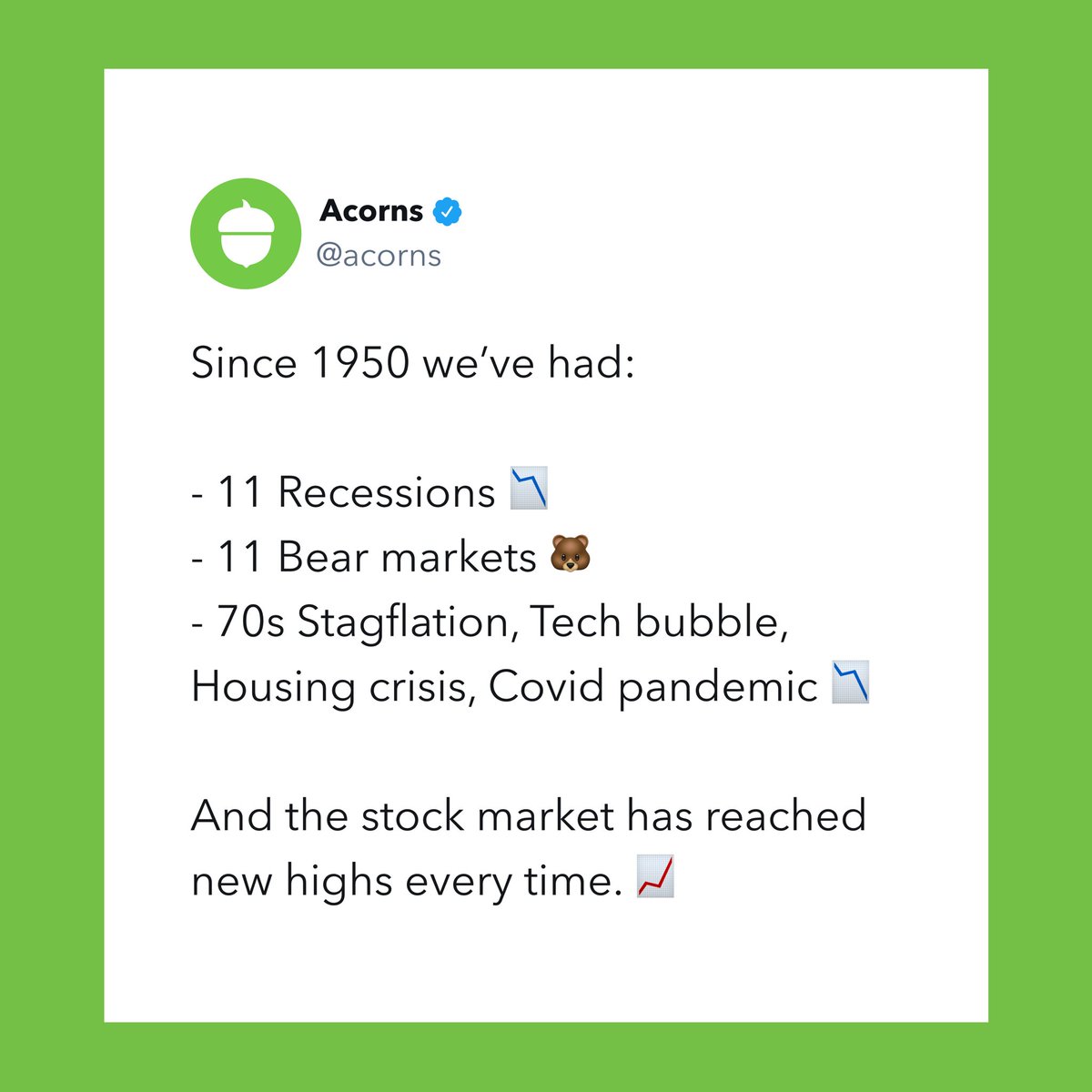 Nothing moves in a straight line. Be patient and stick with it. #acorns Bear market data and general stock market highs are based on the S&P500 index. Investments cannot be made directly in an index. Past performance is no guarantee of future results.