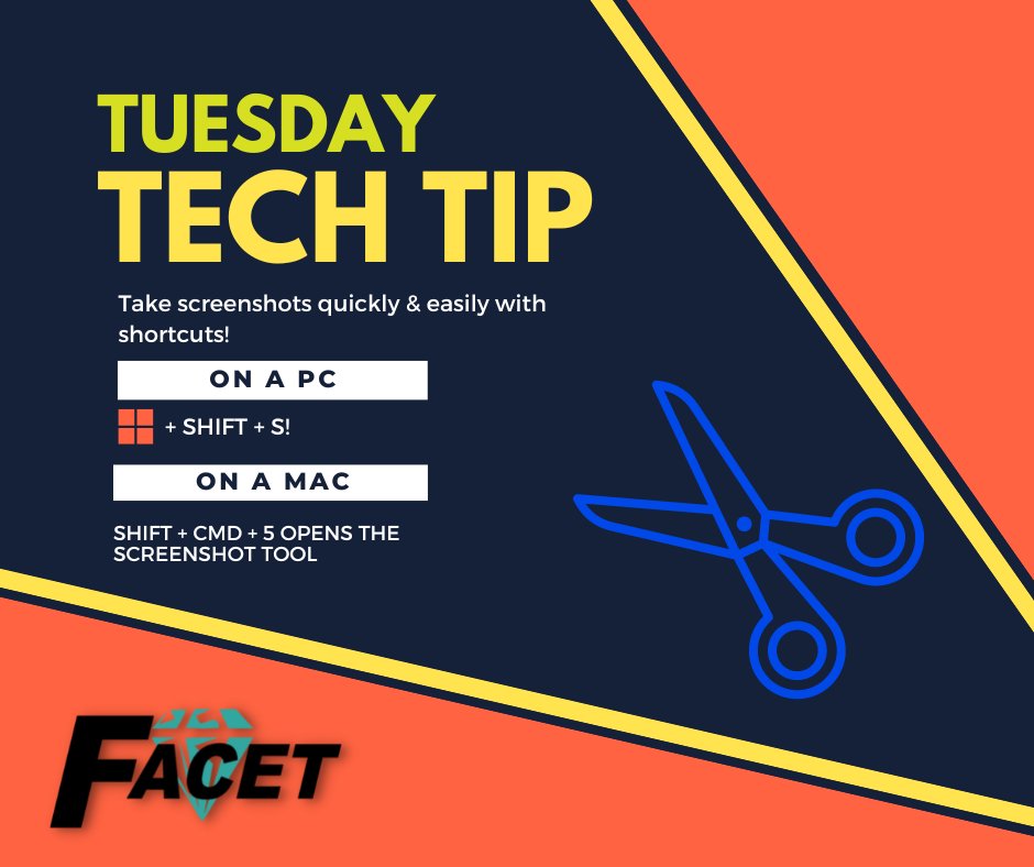 FacetTechInc's tweet image. Tuesday Tech Tip! Use these easy shortcuts to take a screenshot on your PC or Mac. Want more tech tips? Check out our blog at buff.ly/3JkzZZ6! #techtips #managedservices #businessIT #cybersecurity #peoria #peoriaIL