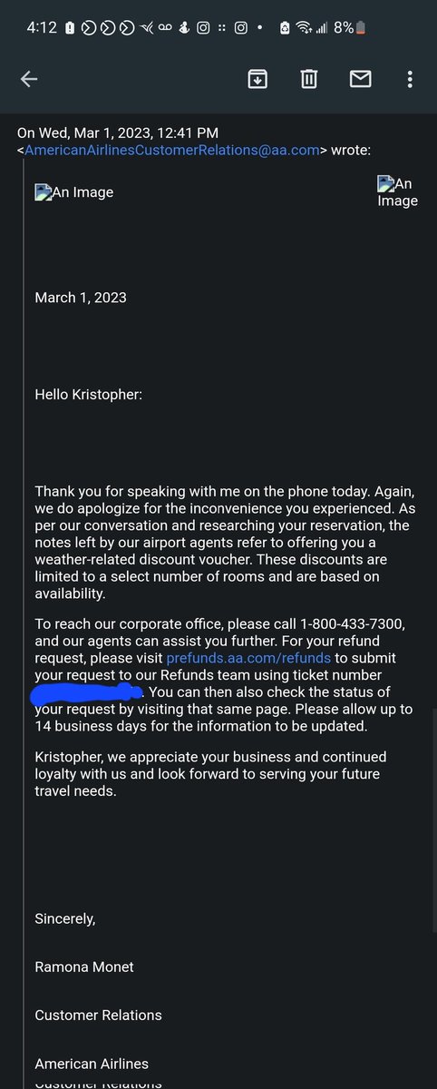 FireGoddessEm's tweet photo. @AmericanAir #americanairlines #CustomerService #customerexperience Take a look at your agents terrible response to conflict resolution. What are you going to do about this? We're tired of being sent from agent with no resolution. https://t.co/iR2Ayc5BUM