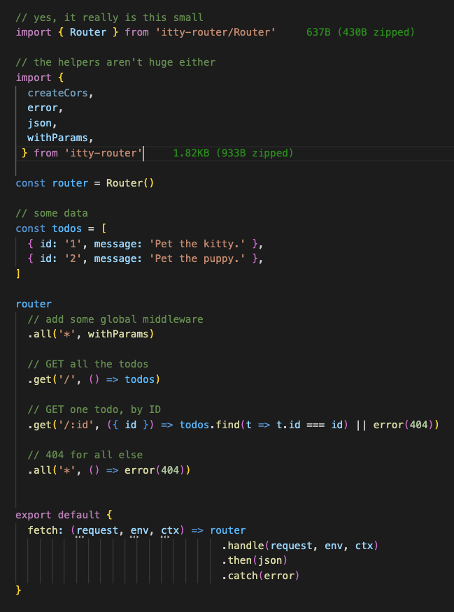 kevinrwhitley's tweet photo. World's smallest #javascript #router?

If not, it can't be far off.

At only 430 bytes, it supports:
- route params
- wildcards
- router nesting
- query parsing
- any real/fake HTTP method
- middleware
- sync/async handlers
- any runtime/environment

https://t.co/diPOu3wTPz https://t.co/lEvH2krTA0
