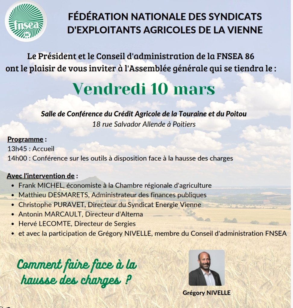 Joël Limousin, membre bureau @fnsea sera l'invité exceptionnel, aux côtés de Grégory Nivelle, membre CA Fnsea,  du débat qui se tiendra lors de l'AG <a href="/FNSEA/">La FNSEA</a>86 sur la problématique de la hausse des charges et de l'inflation. Venez nombreux échanger avec eux
<a href="/Vienne_Rurale/">La Vienne Rurale</a> <a href="/FNSEA79/">FNSEA 79</a>