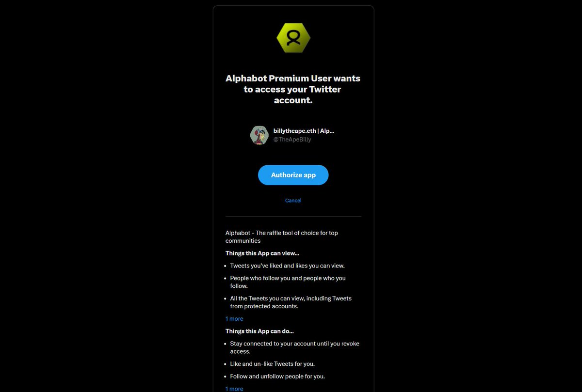 🤖 AUTO Follow, Like &amp; RT

All Premium members can now upgrade their Twitter access to automatically complete all Twitter requirements on alphabot.app🎉

See the announcement in our #Alphabot Discord for details!