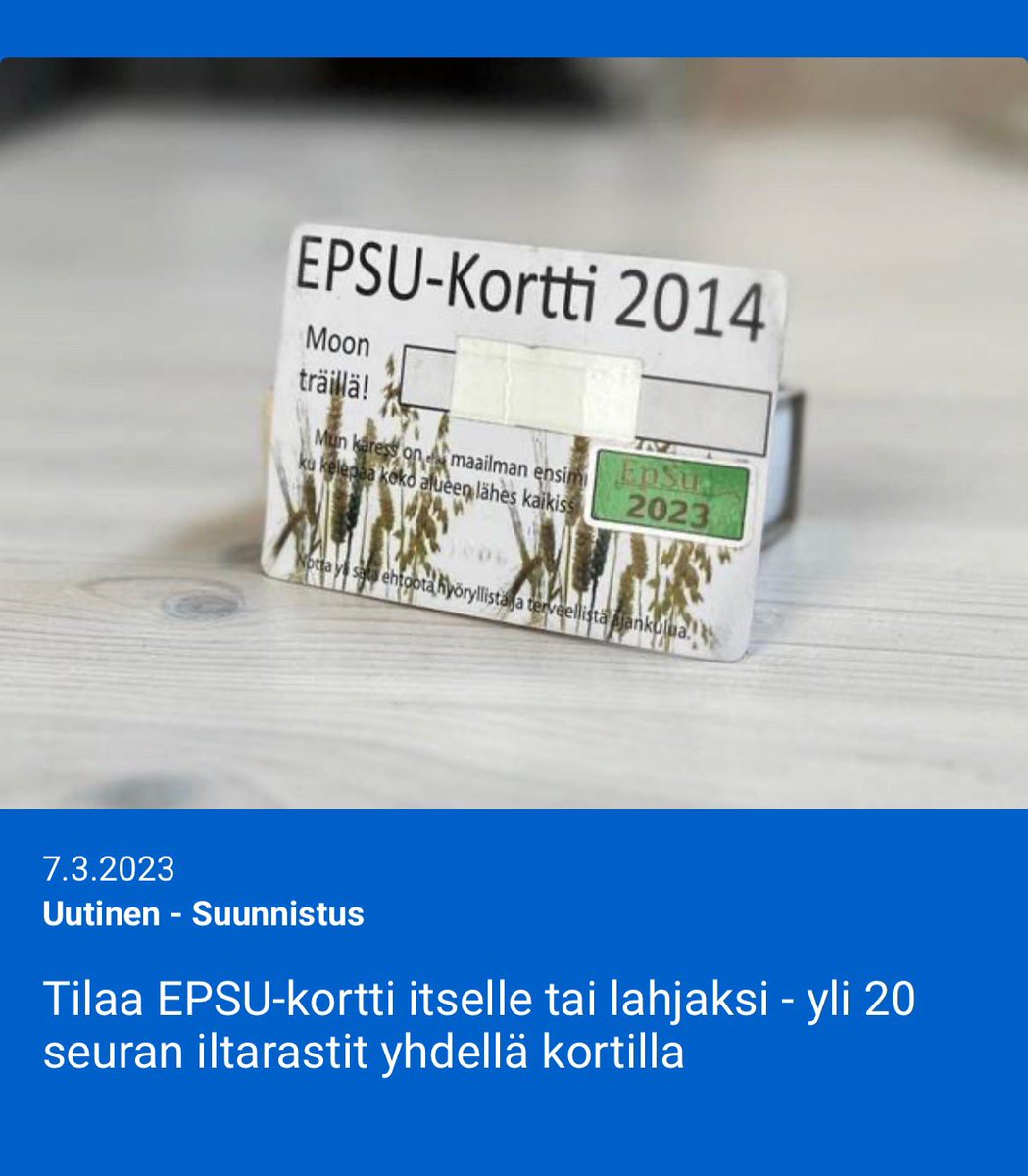 E-P:n suunnistusseurojen yhteiset EPSU-kortit ovat taas myynnissä, hanki omasi ja suunnista koko kesä maakunnan monipuolisilla iltarasteilla!

lapuanvirkia.fi/suunnistus/uut…

#suunnistus #kuntosuunnistus #iltarastit #epsu