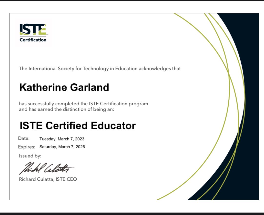 So thrilled to finally see this today! Over two years of work to get here - thank you to Central Michigan’s #MALDT program. I’m so proud and excited to be an ISTE Certified Educator! #istecert