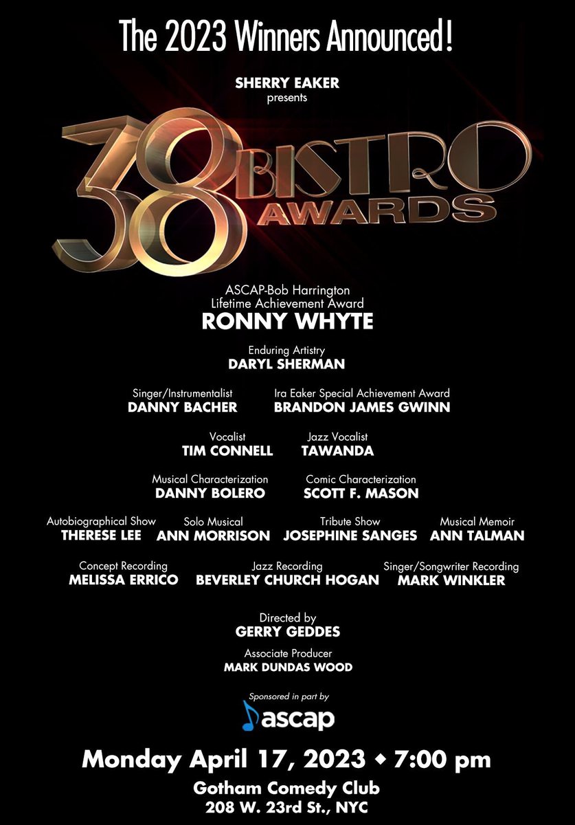 38th Annual Bistro Awards show honorees announced!

Get tickets for the April 17th show at bistroawards.com.
