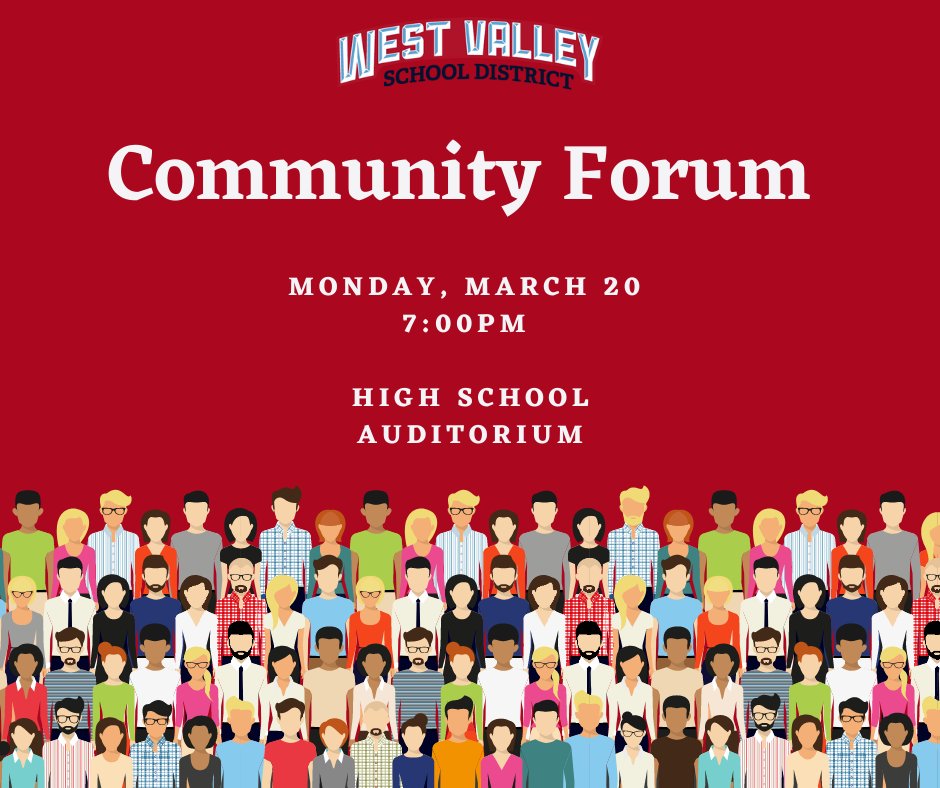 WVSD208's tweet image. Our West Valley School District Board of Directors will hold a community forum on Monday, March 20, at 7:00pm in the High School Auditorium to gather feedback from the West Valley community on the unused proceeds of its 2019 bonds. Please join us and share your thoughts.