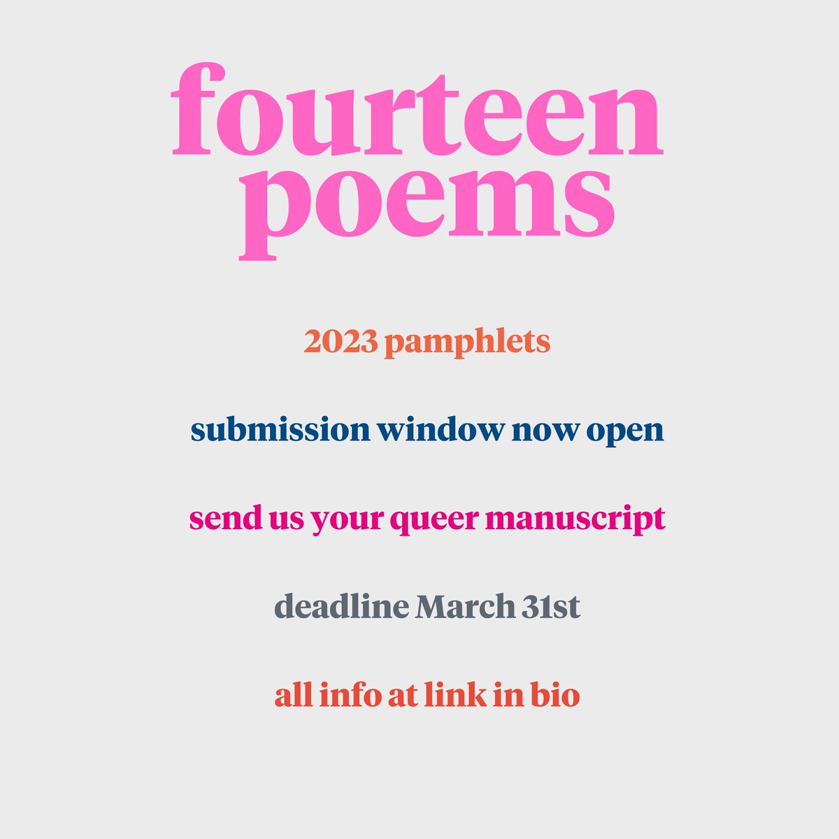 Excited to announce the submission window for our 2023 batch of pamphlets is now open! You’ve got until the end of the month to send us your queer manuscript. The link to upload is in bio or just here: forms.gle/RmTFQgy8vCXzii…. Can’t wait to read your poems!