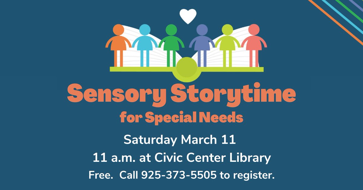 March 11 @ 11am #SensoryStorytime in a #sensoryfriendly environment, designed for #specialneedschildren. #CivicCenterLibrary Storytime Rm. Includes visuals, interactive #preschool-level stories, &  #MultisensoryLearning activities. Please call 925-373-5505 to register
📖🔰💝🧸🌈
