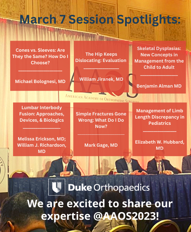 🩺 We are excited to share our expertise @AAOS2023! Don't miss the more than 100+ posters and presentations featuring the <a href="/DukeOrtho/">Duke Orthopaedics</a> team:  duke.is/mfuqn #AAOS2023 #DukeOrtho #DukeSoM