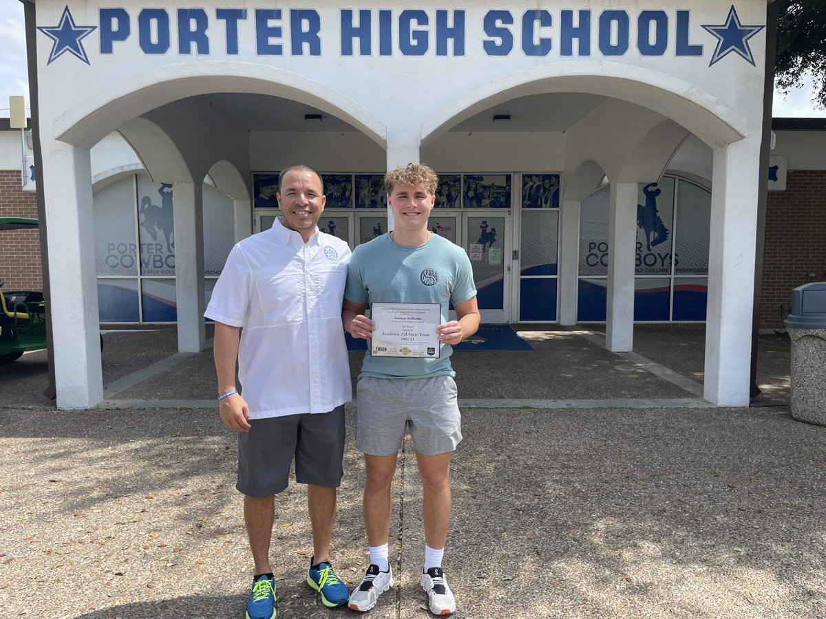 CoachCUresti's tweet photo. Congratulations @GunnarWilliams7 for earning THSCA 1st Team Football Academic All State Team! Looking forward to listen to your valediction on graduation night. # RIDE @porter_ftball @PorterECHS @BISDAthletics1 @coachflwilliams https://t.co/8ZjkDAiKLx