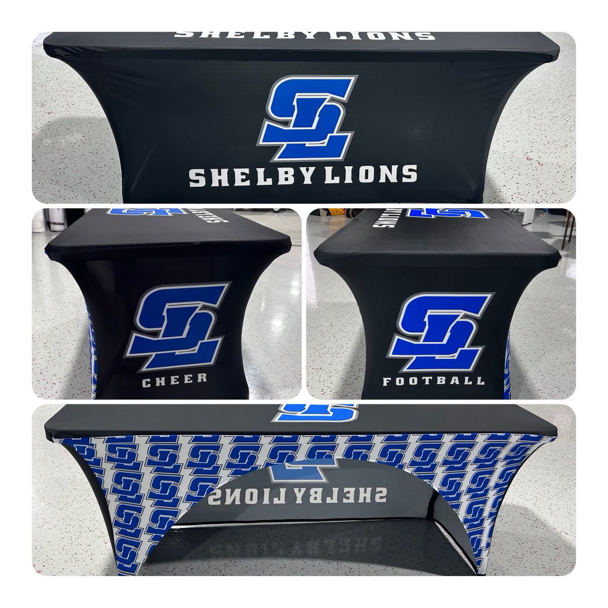 GameApparelUsa's tweet photo. Shelby Lions’ table covers looking fresh as can be! #PoweredByG #Advertise #Cheer #Football #Shelby #Lions #GameReady #LookGoodPlayGood #LookThePart #CustomTableCovers #WinnersCircle #WeGotGame #CustomGame #GBRAND https://t.co/vc79GRnUxS