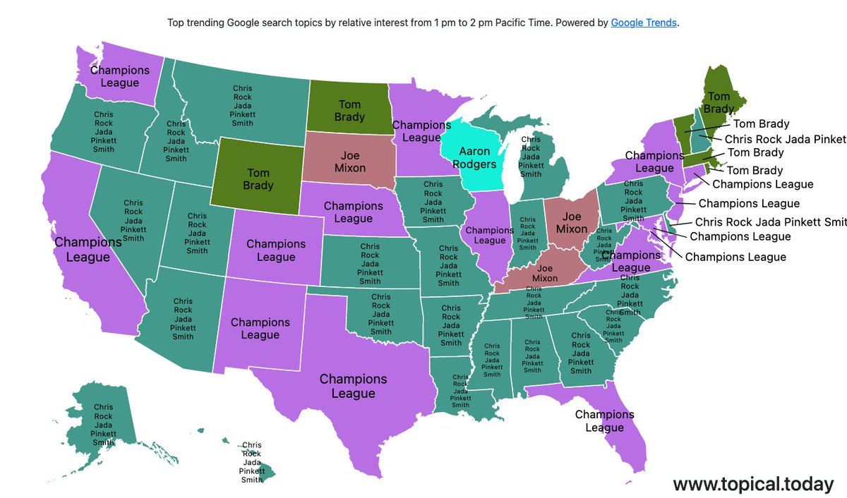 TopicalMaps's tweet image. Top Google Trends in the United States by relative interest in each state over the last hour. 

#ChampionsLeague #JoeMixon #AaronRodgers #ChrisRockJadaPinkettSmith #TomBrady 

Live map at topical.today/countries/us
