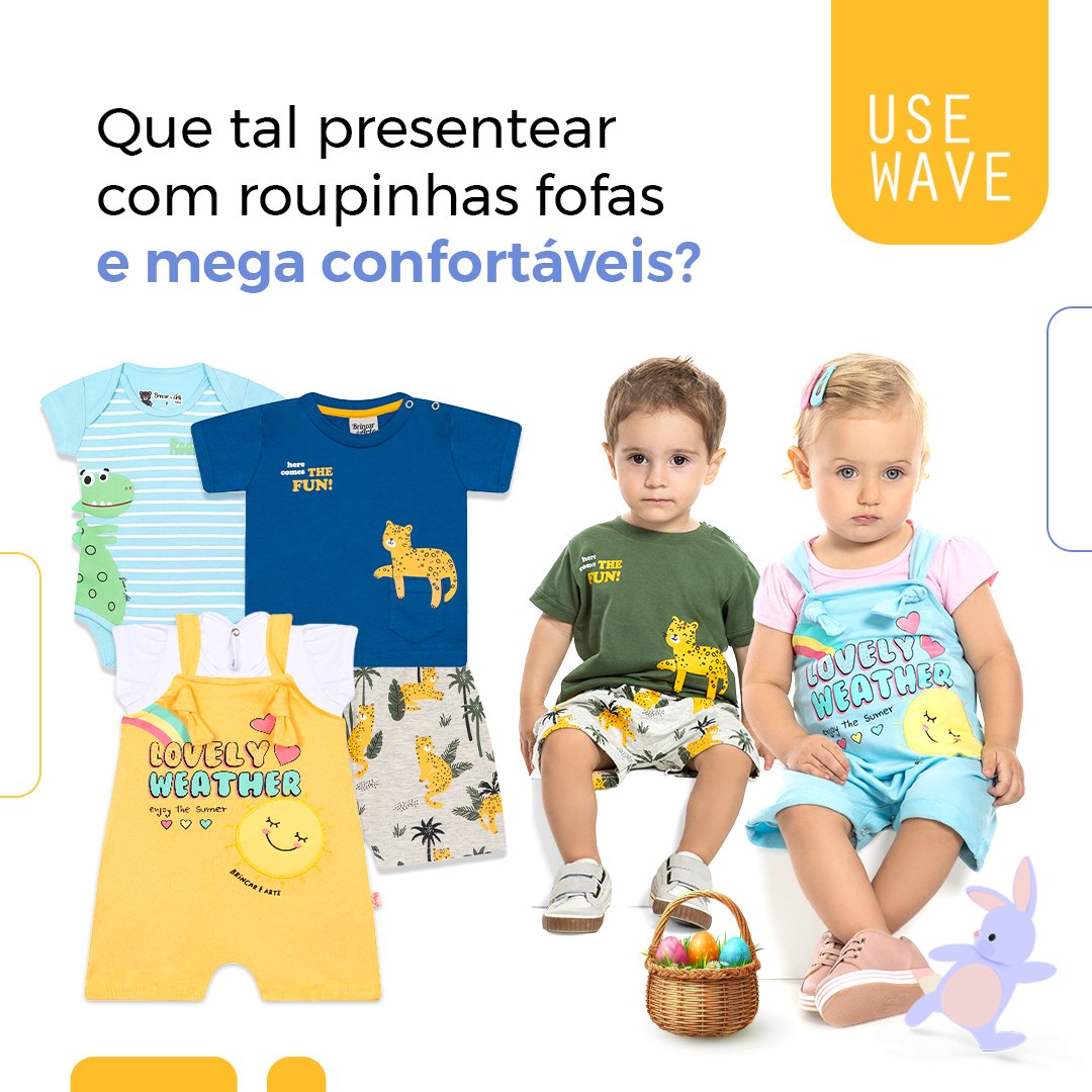UseWaveStore's tweet image. Com a proximidade da Páscoa, as dindas e dindos já podem pensar em presentear com roupas fofas e confortáveis.🤗

Confira nossa coleção com modelos a partir de  R$ 19,90 e garanta já o presente de Páscoa das crianças.🥰

💻Acesse usewave.com.br.

#UseWave #pascoachegando