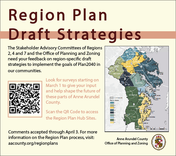 AACoExec's tweet photo. The #AnneArundel County Office of Planning and Zoning and our Stakeholder Advisory Committees have released a series of draft strategies to help shape the future of Regions 2, 4, and 7. Now, we need your feedback. https://t.co/4PuaZrTzZ8 https://t.co/avXix19Fdl