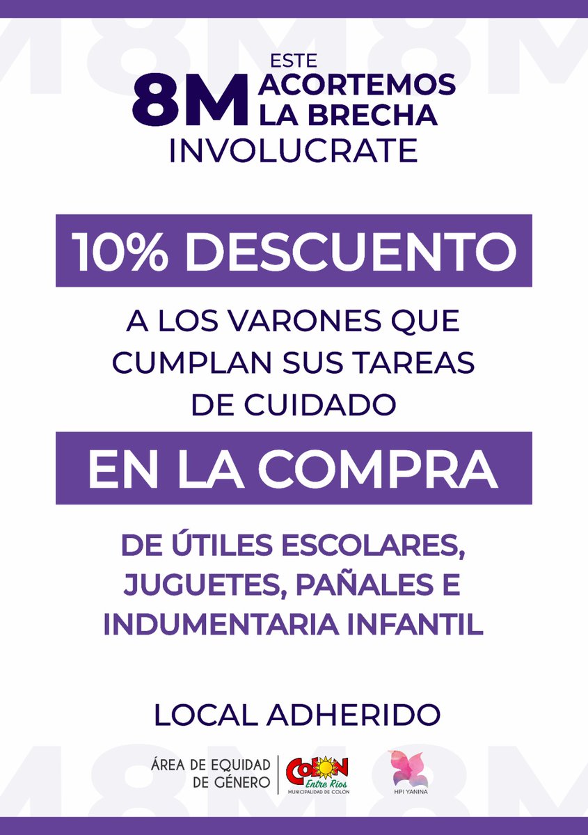 JulietaSerpa's tweet photo. El #8M es un día de lucha y visibilización de las Mujeres Trabajadoras a nivel mundial.
Pero en Colón Entre Ríos, el privilegio lo tienen los varones con descuentos en locales adheridos 🫨 https://t.co/hgWDDXPWz4