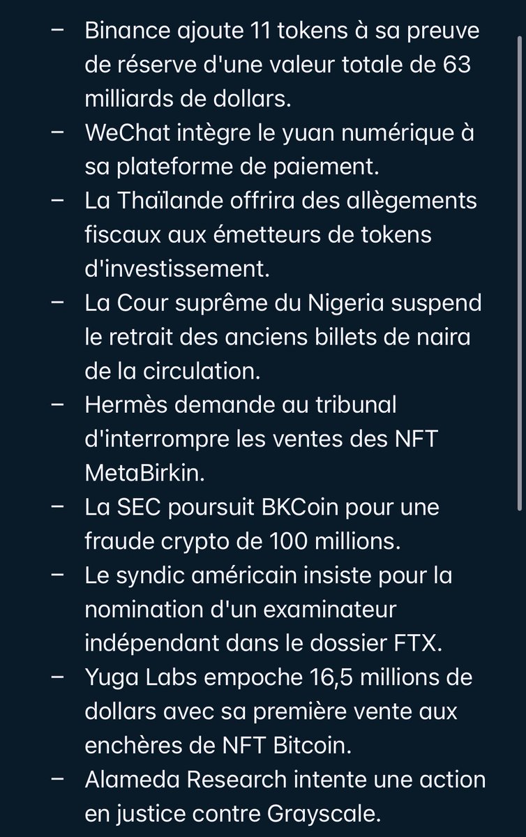 Mady3Dia's tweet photo. #XibaarCrypto de la journée du 07 Mars 2023.

#News #Infos #NewsCryptos #CryptoNews #Binance #WeChat #Token #NigeriaNews #Naira #NFT #MetaBirkin #SEC #BKCoin #Hermés #FTX #YugaLabs #NFTBitcoin #Coinbase #Bybit #MasterCard #BTC #ETH #BNB #XRP #Ada #HEX https://t.co/b5Aoaa9PhC