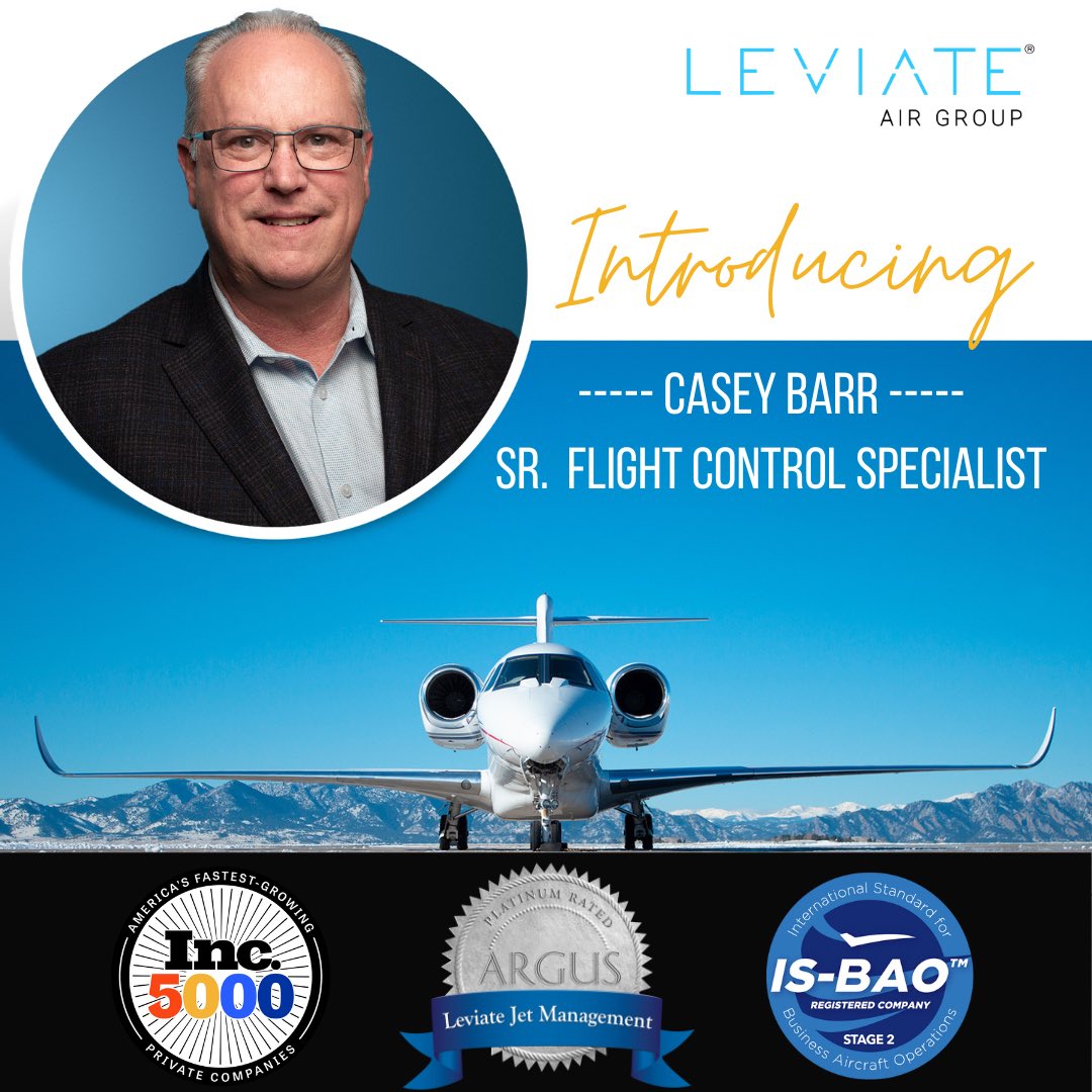 LeviateAirGroup's tweet photo. Please join us in welcoming Casey Barr as our new Sr. Flight Control Specialist! Casey brings 34 years of aviation expertise to Leviate, holding multiple roles with FBOs and charter groups throughout his career. Learn more at https://t.co/FXzffiNel6

#flyprivate #leviateair https://t.co/PCsi3V9Zb6