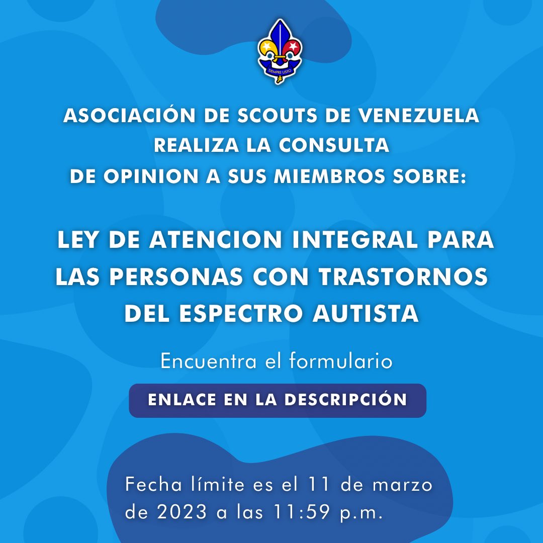 ¡Atención jóvenes y adultos! 📢‼️

Comparte la consulta con tu unidad, grupo, distrito y región 📝 

Enlace: docs.google.com/forms/d/e/1FAI…

#ScoutsDeVenezuela #GobernanzaParticipativa #Scouts #Scout #Venezuela #Scoutiar #RedDeJovenes #Scouting #IarYouthNetWork #ODS #YouthInAction #TEA