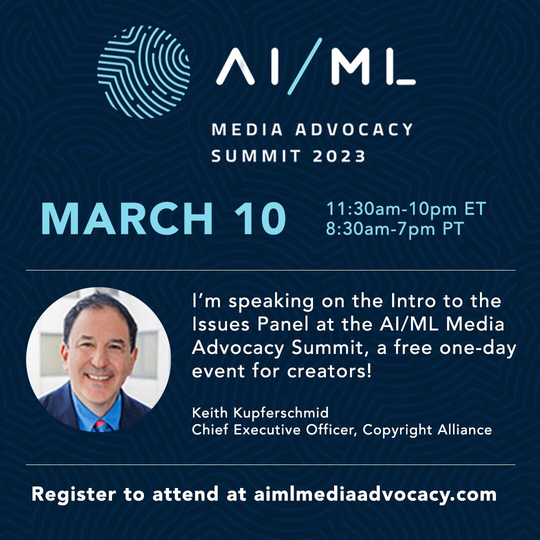 Creators: Check out the AI/ML Media Advocacy Summit, a free one-day event scheduled for March 10 from 11:30 a.m. to 10 p.m. ET. Our CEO <a href="/KeithKup/">Keith Kupferschmid</a> will be speaking on the “Intro to Issues” panel. Details and registration are located here: bit.ly/41MdyDo