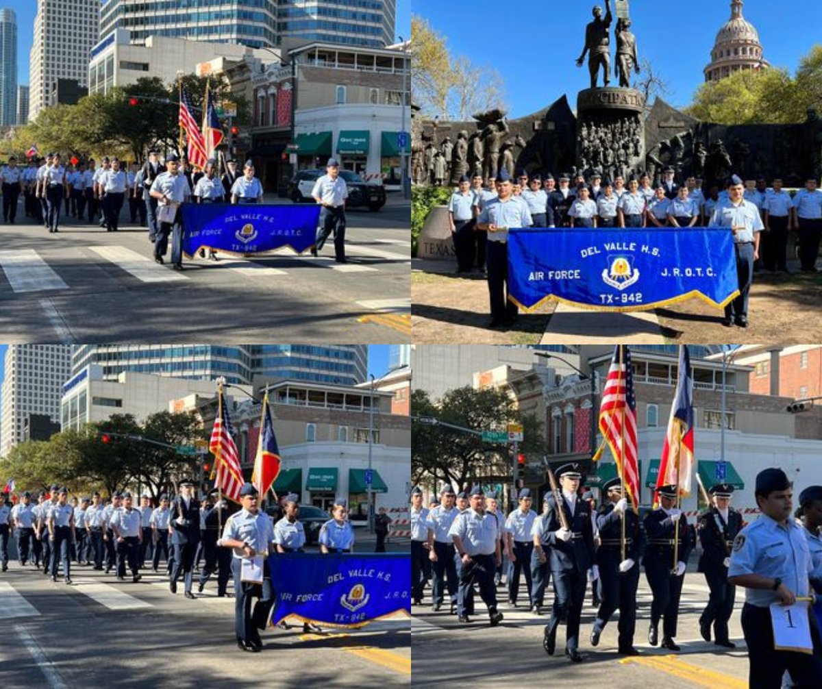 DelValleISD's tweet photo. Over the weekend, our DVHS JROTC participated in the Texas Independence Day Parade at the Capitol!  The parade commemorates the day Texas signed the Texas Declaration of Independence, parading from Cesar Chavez Street to the Texas State Capitol. Good job to our DVHS JROTC! https://t.co/74z5EWTfhO