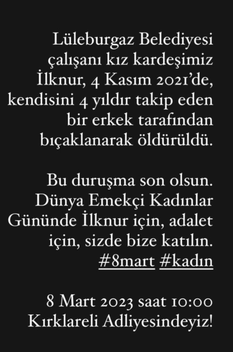 LuleburgazP's tweet photo. 8 Mart saat 10:00'da #Kırklareli Adliyesindeyiz! #8mart #ilknuricinadalet #susmuyoruz https://t.co/ckv2EIOUhN