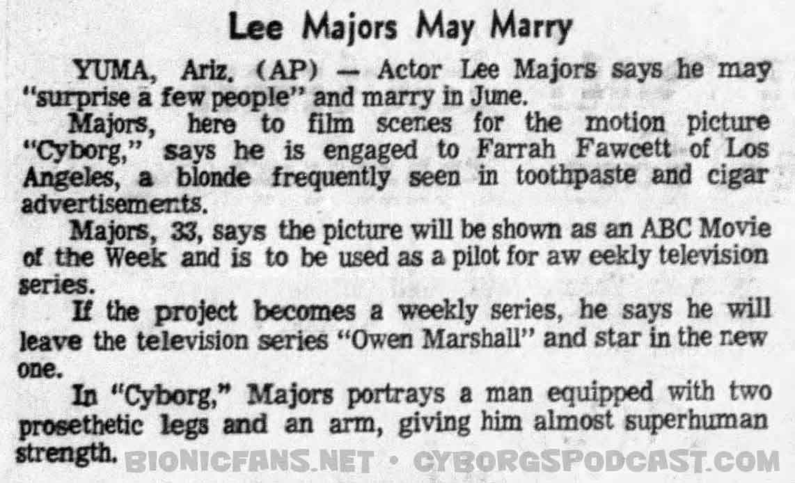 BIONICFANS's tweet photo. One of the first news reports on the filming of #CYBORG was this Shreveport Journal (LA) AP blurb on January 17, 1973 where Lee Majors teased a June wedding with Farrah Fawcett. But "Cyborg" would get a name change to The #SixMillionDollarMan and Lee would marry Farrah on July 28 https://t.co/xEwmfYPOTG