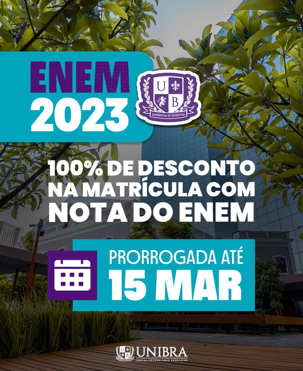 UnibraOficial's tweet photo. Traga sua nota do ENEM para a Melhor do Nordeste! 🥇

Até o dia 15 DE MARÇO, você poderá ingressar na UNIBRA com 100% de desconto na matrícula utilizando sua nota do ENEM!

#UNIBRA #ENEM 💙 https://t.co/bQh3vfsHqM