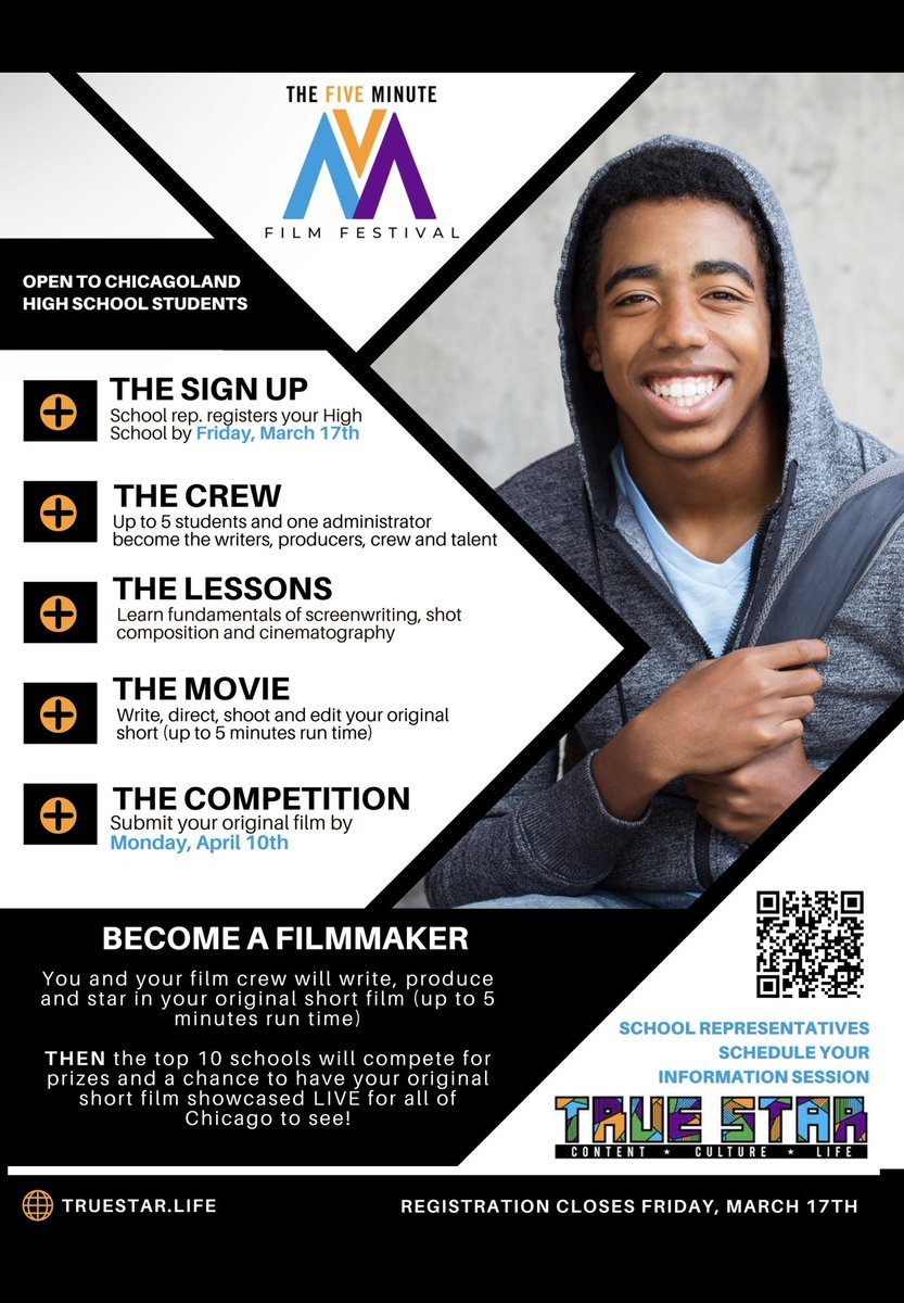 True Star Media is taking production efforts into high schools with the 5-minute Film Festival where high school students can write, star in, direct and produce their own original short film. 

FREE to participate! Register ➡️ bit.ly/3ZzI3Lu

#chicagofilmmakers