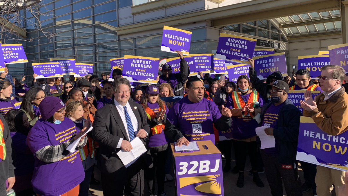 HAPPENING NOW: Airport workers with <a href="/32BJSEIU/">32BJ SEIU /// #BuildingJustice 🧹✊🏽</a> are rallying at DCA for health care, paid sick days, and good union jobs for all airport workers and all working people! Listen up, <a href="/MWAAHQ/">Metropolitan Washington Airports Authority</a>, Virginia is for Unions! #UnionsForAll