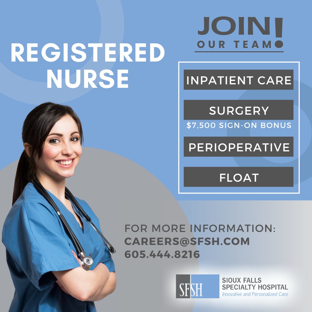 We are #hiring! Come work at a leading organization! 

sfsh.com/careers

#registerednurse #rnjobs #rnlife #siouxfalls #siouxfallsspecialtyhospital #nursing #nurses #southdakota #healthcare