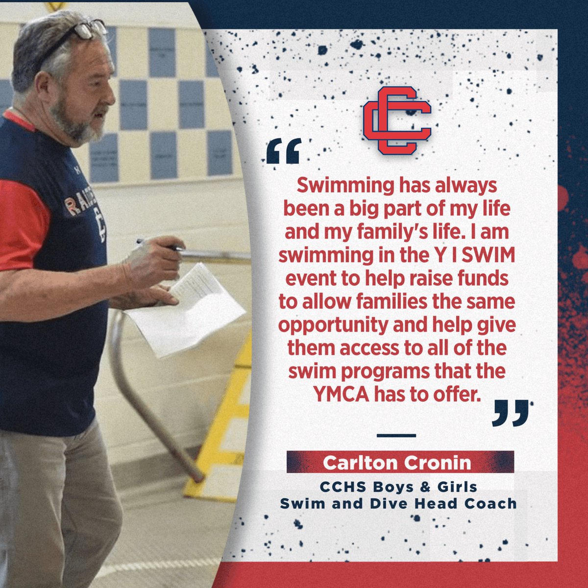 CCRaider_sports's tweet image. “I’m participating in the Y I SWIM event to help give families access to all the great swim programs the YMCA has to offer!” Support CCHS Swim Coach Cronin as he participates in the Y I SWIM event this Saturday at the NA YMCA. Link to donate in following tweet #howtoraider