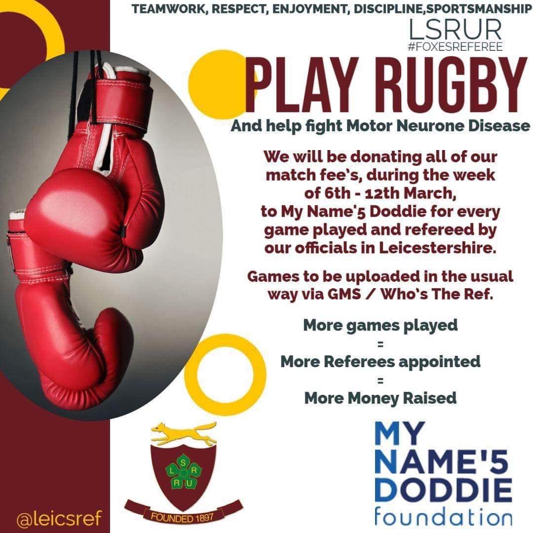 #playrugby #mnd #motorneuronedisease #mynamesdoddiefoundation #doddieweirfoundation @leicsrefs