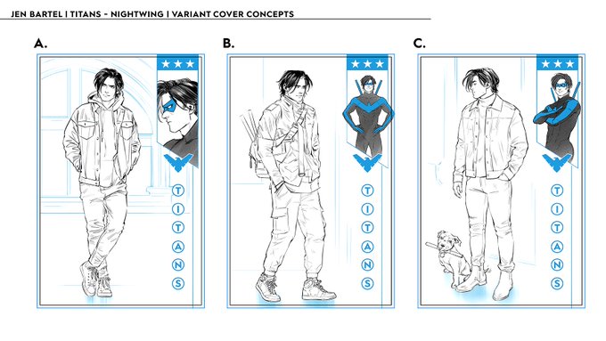 Nightwing street style variant concepts! As you can see I hadn't figured out the cover dress yet-normally that part is handled in-house but I wanted to incorporate some graphic elements in addition to the corner boxes on these so I decided to do it myself 🤓✨ 